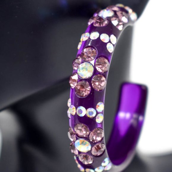 2" Flower Pattern Purple Lucite Rhinestone Hoops - Picture 11 of 13